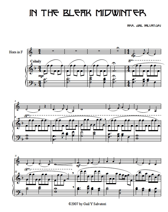 French horn Christmas sheet music: horn and harp, horn and piano