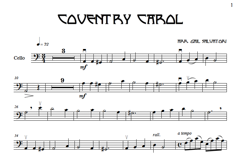 solo cello sheet music - Coventry Carol